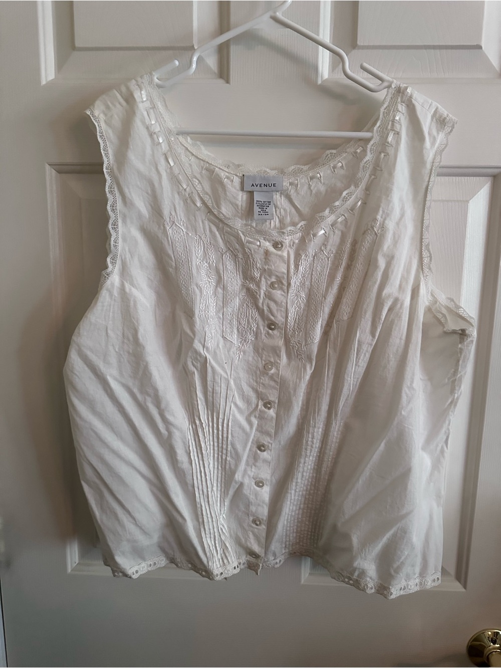 Avenue Cream Lace-Trim Sleeveless Button Front Top